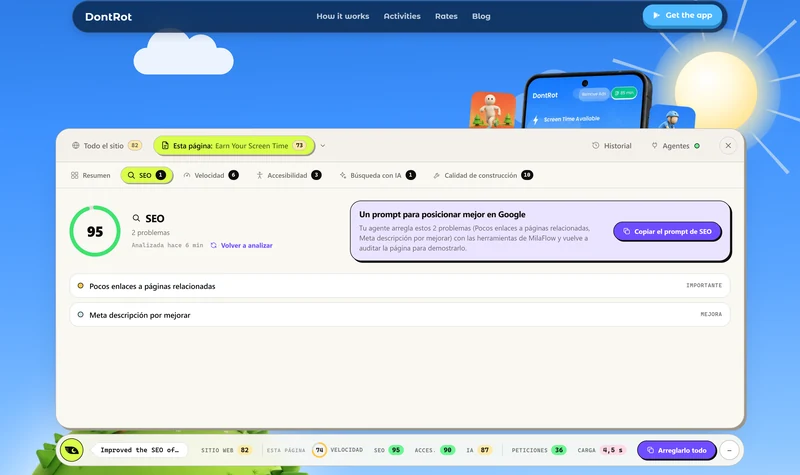 La barra de MilaFlow abierta sobre una página de DontRot, con su nota de SEO y lo que hay que arreglar