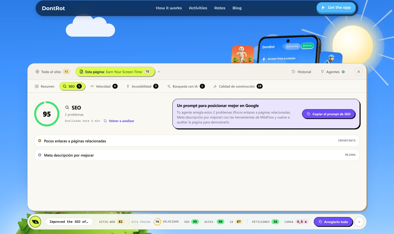 La barra de MilaFlow abierta sobre una página de DontRot, con su nota de SEO y lo que hay que arreglar